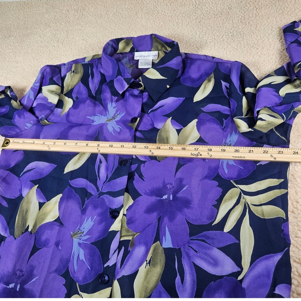 Susan Graver Style Blouse Women Large Purple Floral Button Down Long Sleeve Chic - Picture 6 of 11